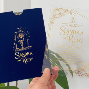 Beauty and the Beast themed acrylic wedding invitation, Gold foil printed acrylic wedding invitation, Gold foil printed velvet envelope.