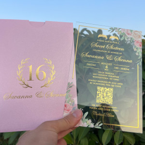 Acrylic invitation card with pink flowers and gold foil print. Sweet 16 invitation, Pink pearl envelope with gold foil print, Pink pearl mail envelope with gold foil print.