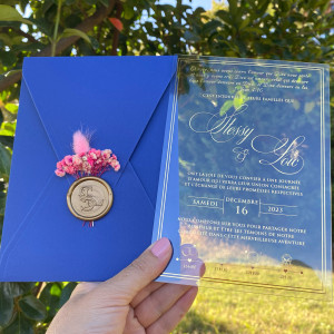 Acrylic wedding invitation. Gold foil print. Royal Blue envelope. Gold wax seal and dried flowers