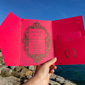 Gold foil printed acrylic invitation, Acrylic wedding invitation, Wedding invitation, Red pocket envelope, Gold wax seal