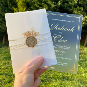 Frosted acrylic invitation, Acrylic wedding invitation, Wedding invitation, Parchment shirt, Golden wax seal and dried flowers