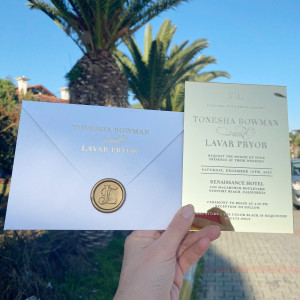 Gold Mirrored Invitation. Wedding Invitation. White Envelope. Wax Seal