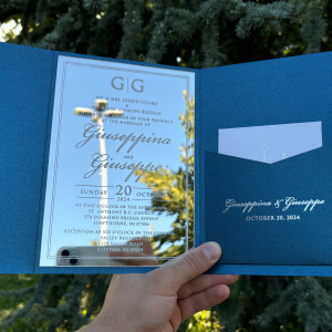 Silver mirrored invitation, Mirrored wedding invitation, Mirror invitation, Wedding invitation, Blue pearl pocket envelope, RSVP card, White pearl mailing envelope, Invitation set