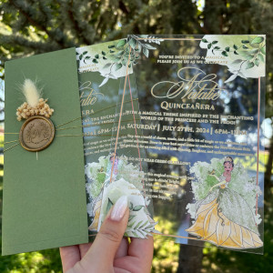 Frog and Princess, Tiana, Acrylic Quinceañera invitation, Quince Años, XV Años, Sweet 16, Green half envelope, Gold wax seal and dried flowers