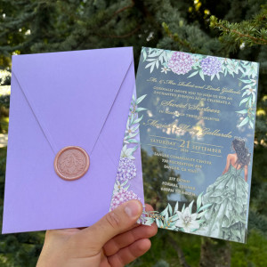 Sweet 16 invitation, Acrylic birthday invitation, Quinceañera invitation,UV print, Lilac envelope, Rose wax seal