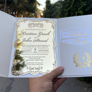Special cut gold mirrored invitation, Wedding invitation, Ivory mother-of-pearl envelope with pocket. Mirrored invitation, Detail card and RSVP card